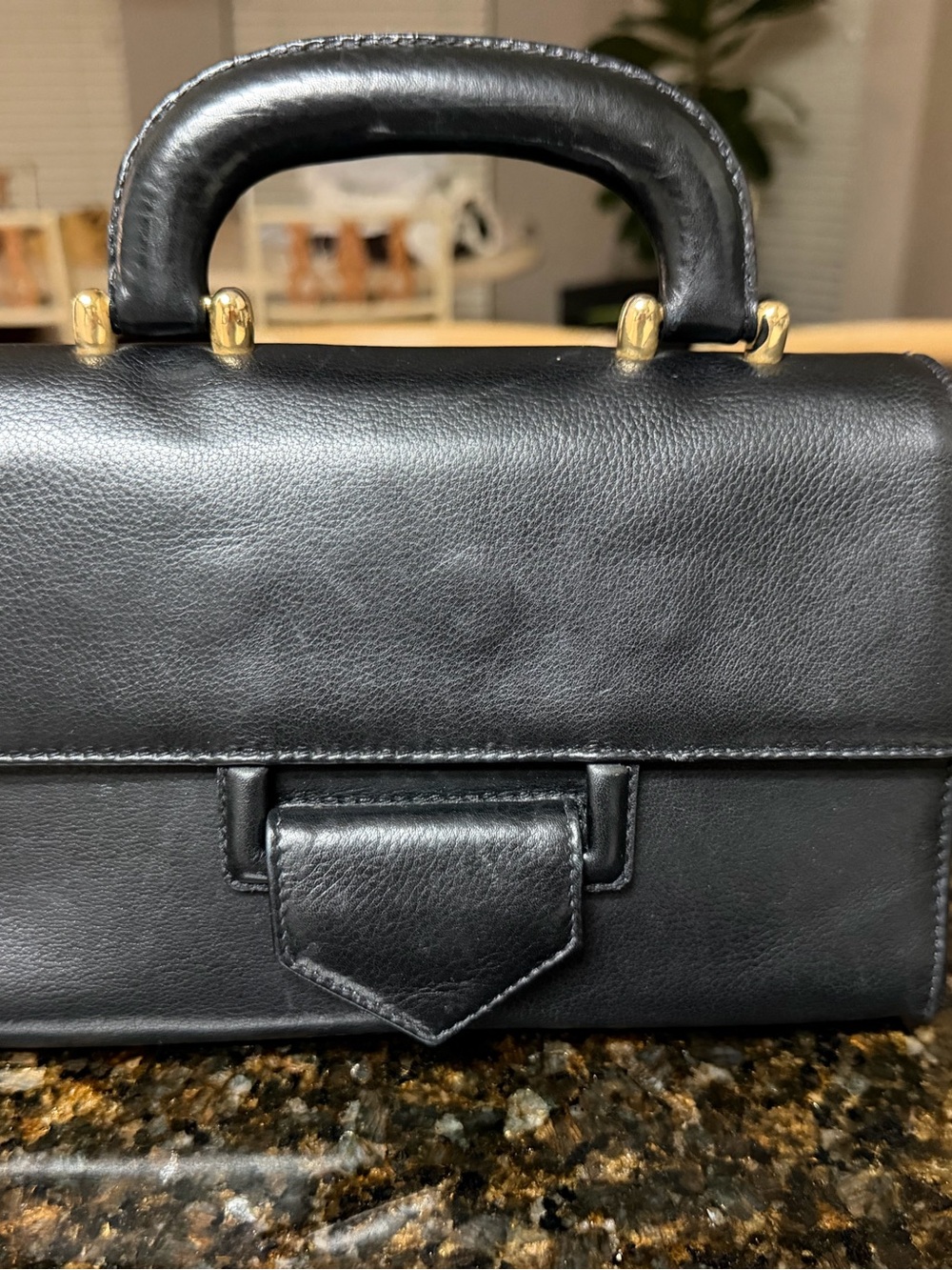 Elegant Black Leather Mini Top-Handle Bag with Gold Hardware